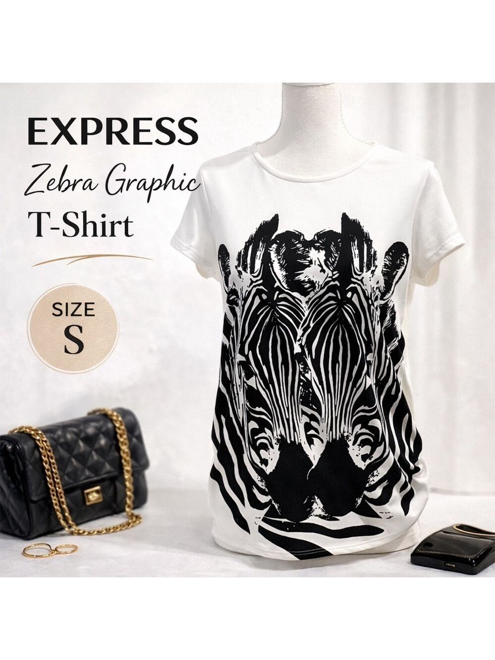 Express Zebra Graphic Top Small Black White Statement Blouse Career Chic